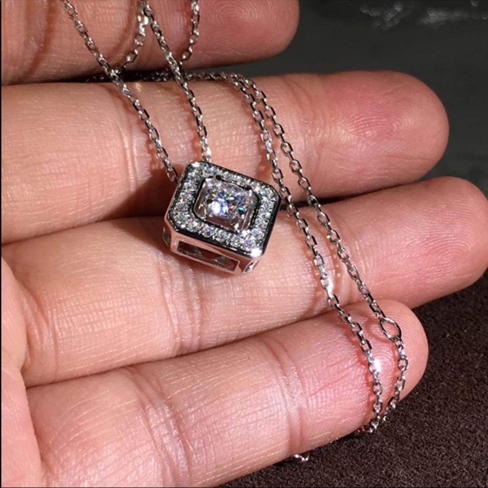 Square Cut 925 Silver Diamond Necklace New - Picture 2 of 4